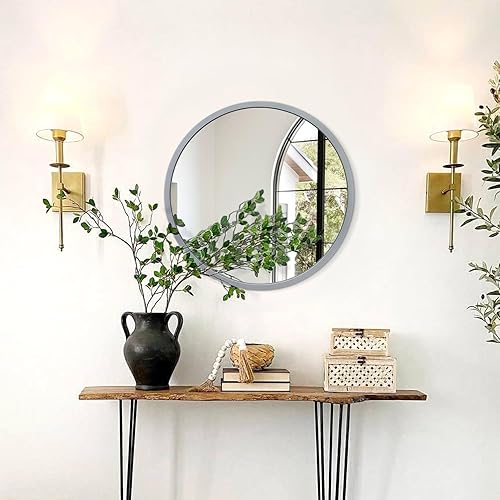 Miniatura 3 de JJUUYOU Espejo redondo de pared de 16 pulgadas, espejo circular colgante redondo gris para el baño, espejo de marco de metal para dormitorio, sala