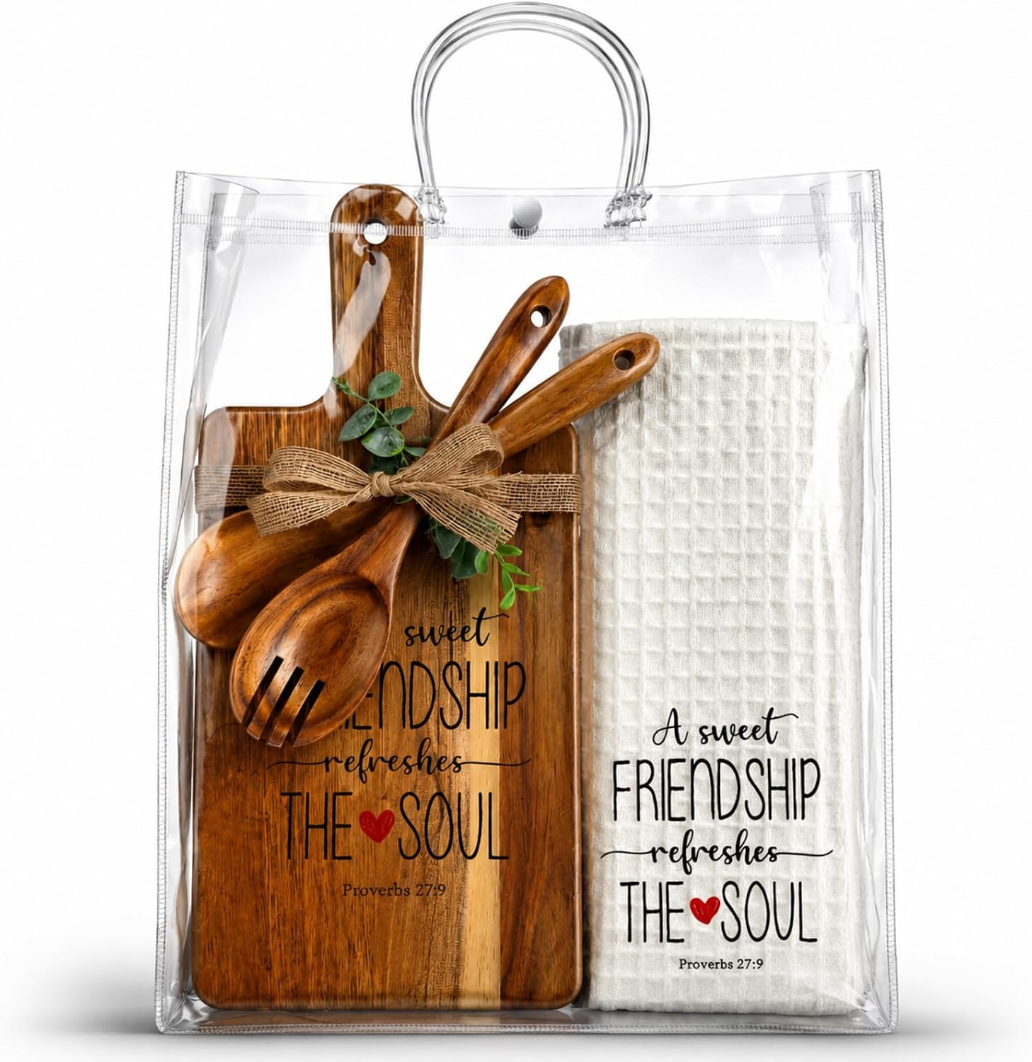7 Pcs a Sweet Friendship Refreshes The Soul Cutting Board Acacia Wood Cutting Board Friendship Gift with Spoon Fork Kitchen Towel PVC Bag Gift for Friend Bestie BFF Christmas