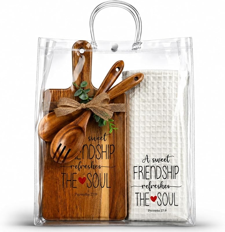 7 Pcs a Sweet Friendship Refreshes The Soul Cutting Board Acacia Wood Cutting Board Friendship Gift with Spoon Fork Kitchen Towel PVC Bag Gift for Friend Bestie BFF Christmas