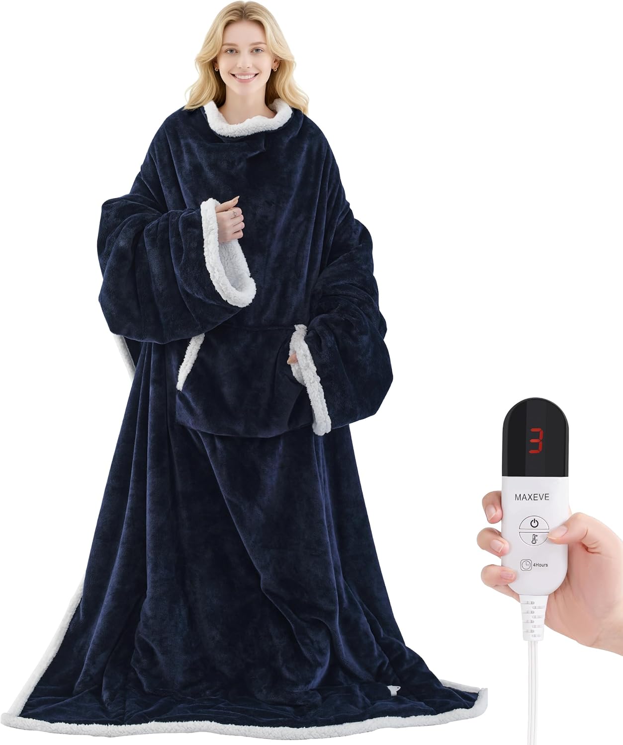 Heated Blanket Wearable Electric Blanket with Foot Pocket and Sleeves, Heating Throw Blanket, Electric Snuggle Blankets, 6 Heating Levels & 4 Hours Auto Shut Off, Machine Washable(Long, Navy Blue) Navy Blue Long