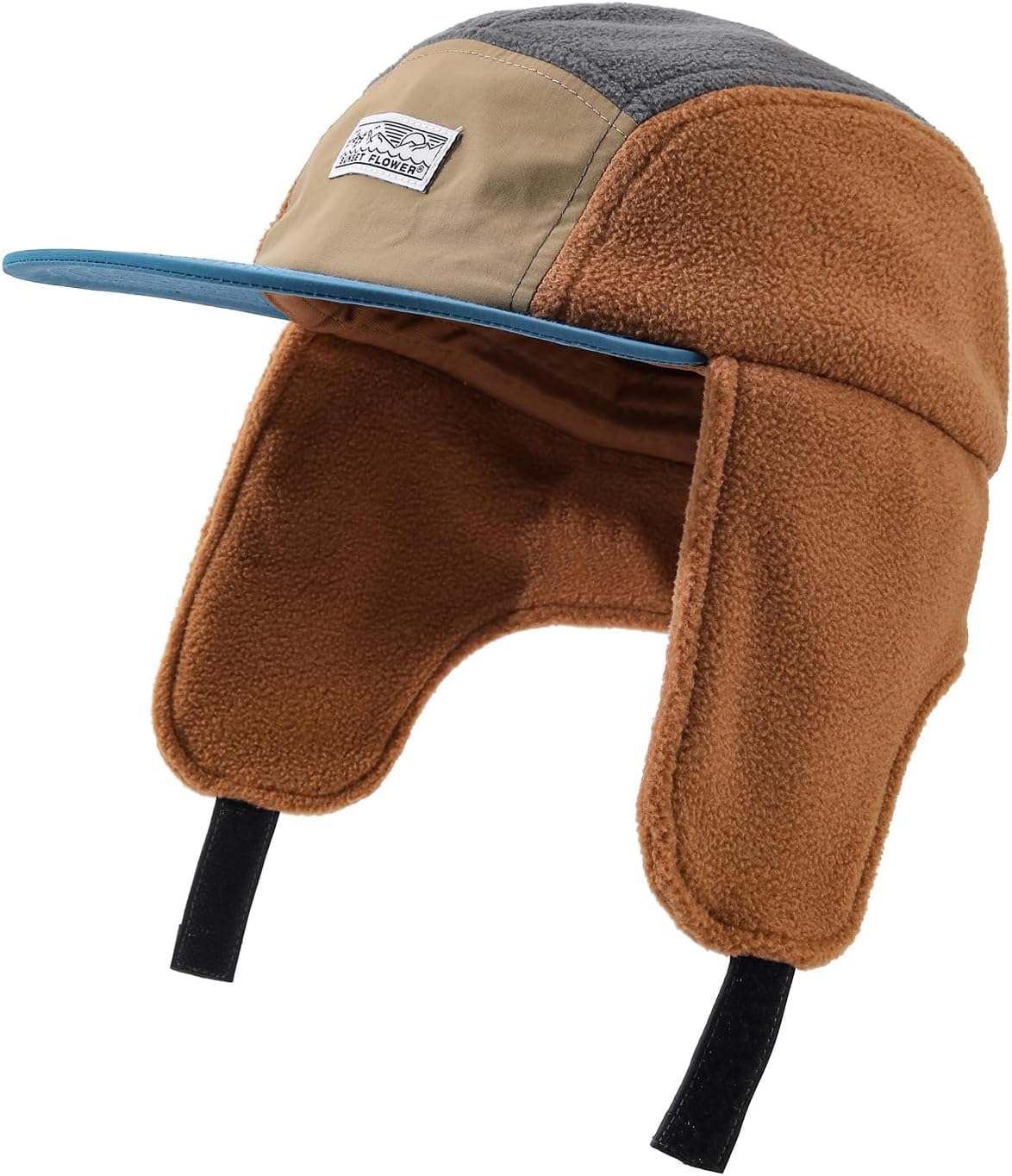 Retro Patchwork Polar Fleece Trapper Hat with Visor, Warm Winter Earflap Cap Flat Brim 5 Panel Baseball Ushanka Hats