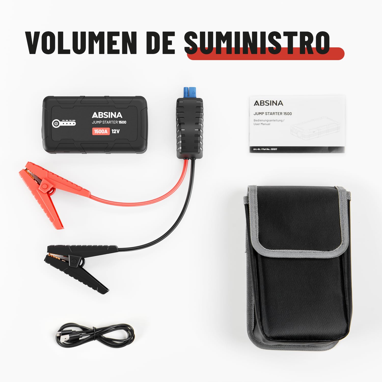 ABSINA Arrancador de baterias Coche 1500A | Arrancador coche portatil 12V adecuado para 6L Gasolina & 4L Diesel - Booster con 2 Puertos USB & Linterna - bateria