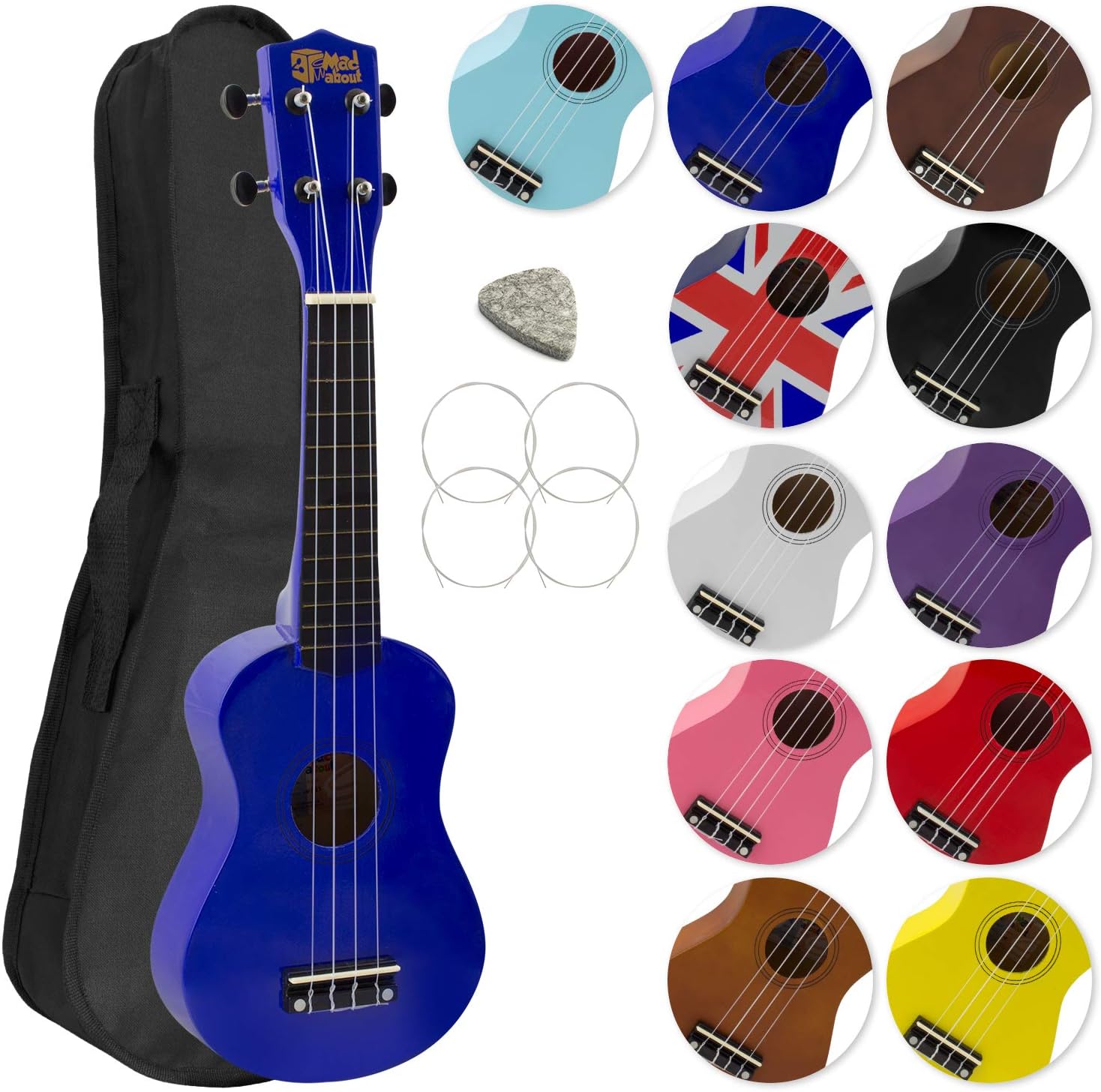 Mad About SU8-BL Soprano Ukulele with FREE Gig Bag, Pick, and Spare Strings – Great for Schools and Beginners, Now With Carbon Black Strings for Improved Tuning - Blue