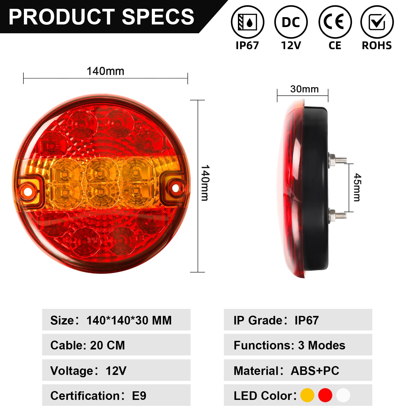 2 Pcs Fanali Posteriori Rimorchio LED 12V 24V, Fari Posteriori Hamburger Rotonda Impermeabile con E-Approvato per Camion, Caravan, Trattore