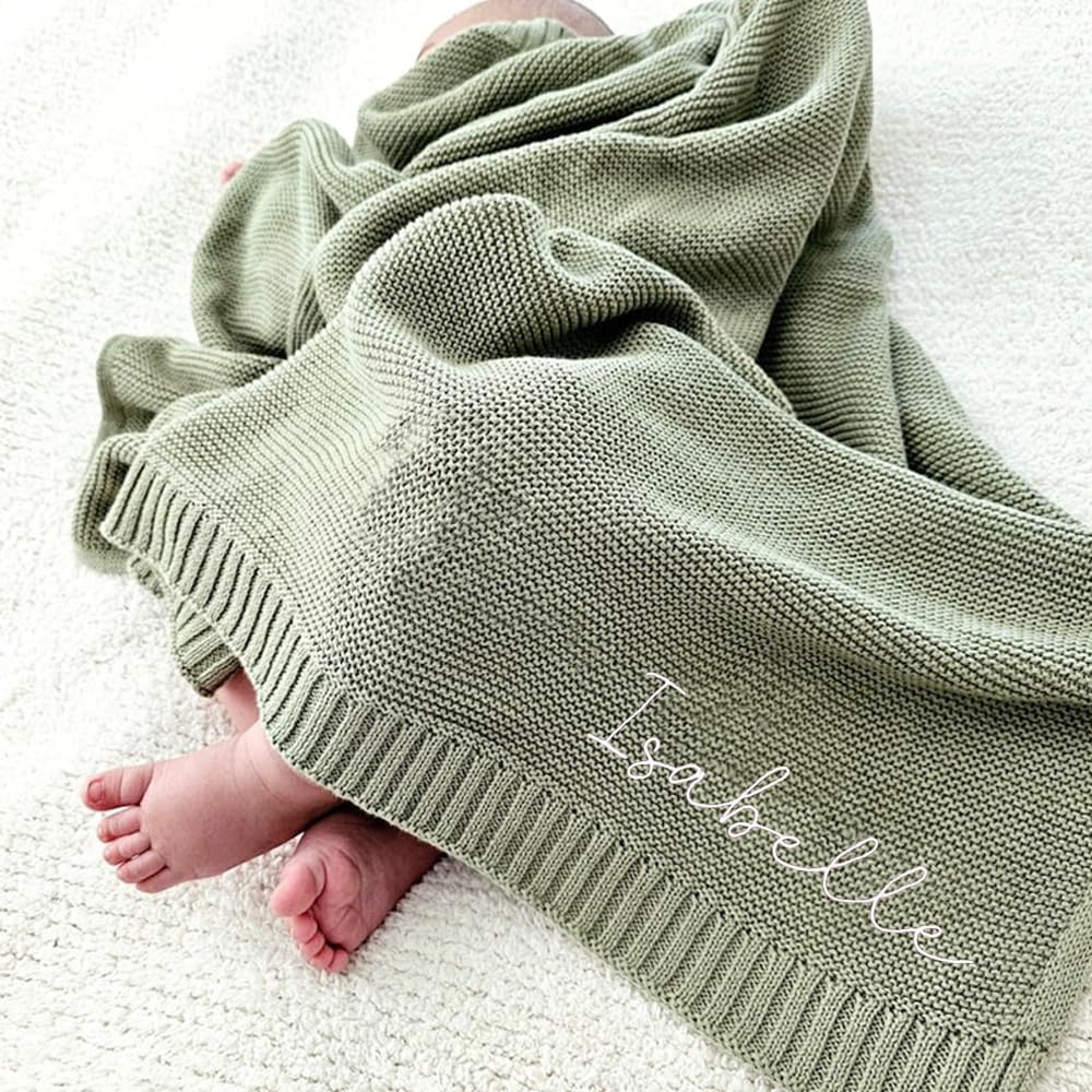 IZI POD Personalized Baby Knit Blanket, Embroidered Name Nursery Blanket, Custom Name Baby Blankets, Cotton Knit Stroller Blankets, Gift for Babys Girl, Baby Boy- A