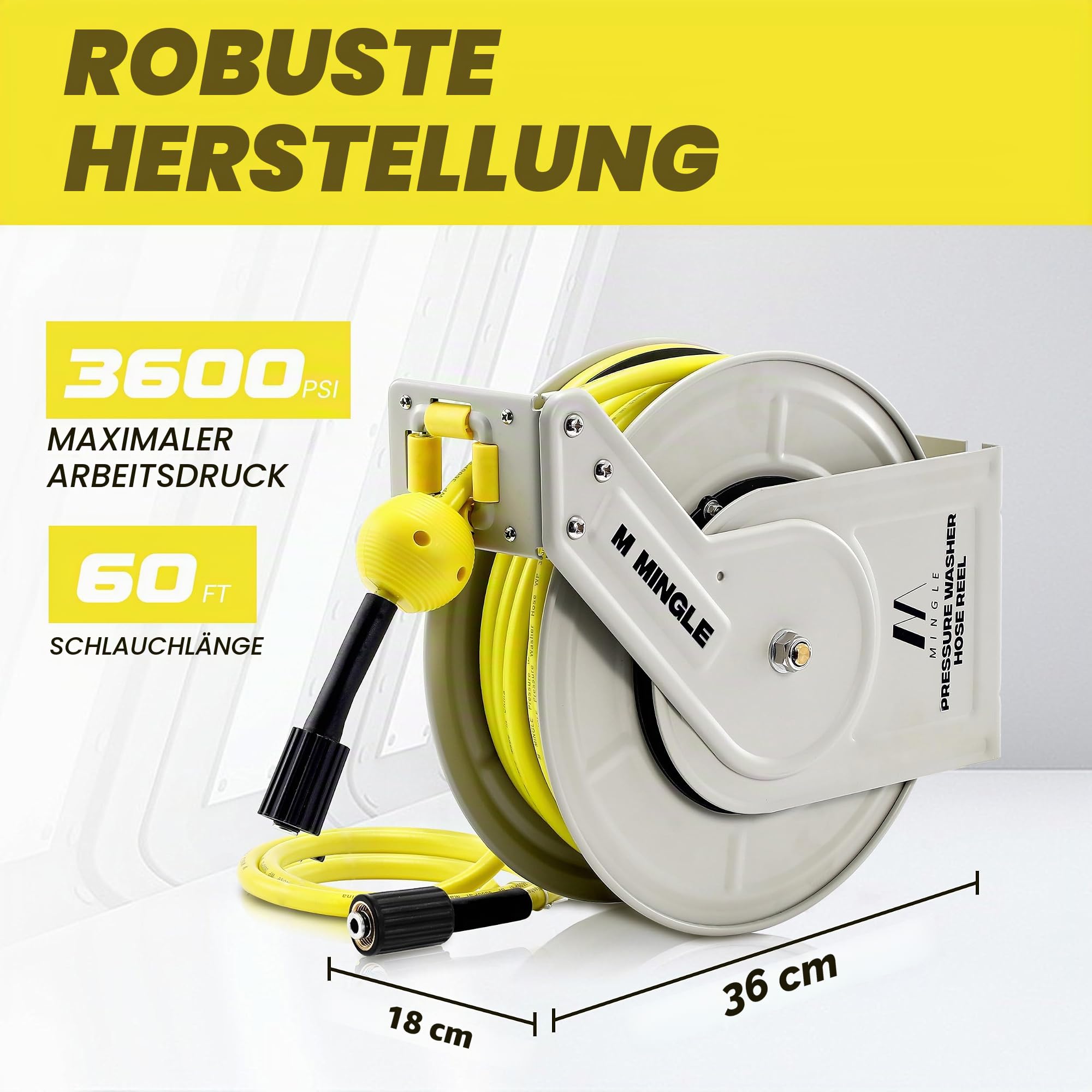 M MINGLE Wandmontierte aufrollbare Hochdruckreiniger-Schlauchtrommel, kompatibel mit Karcher K-Serie (K2-K7), 1/4" × 18 m, 248 bar(3600 PSI)