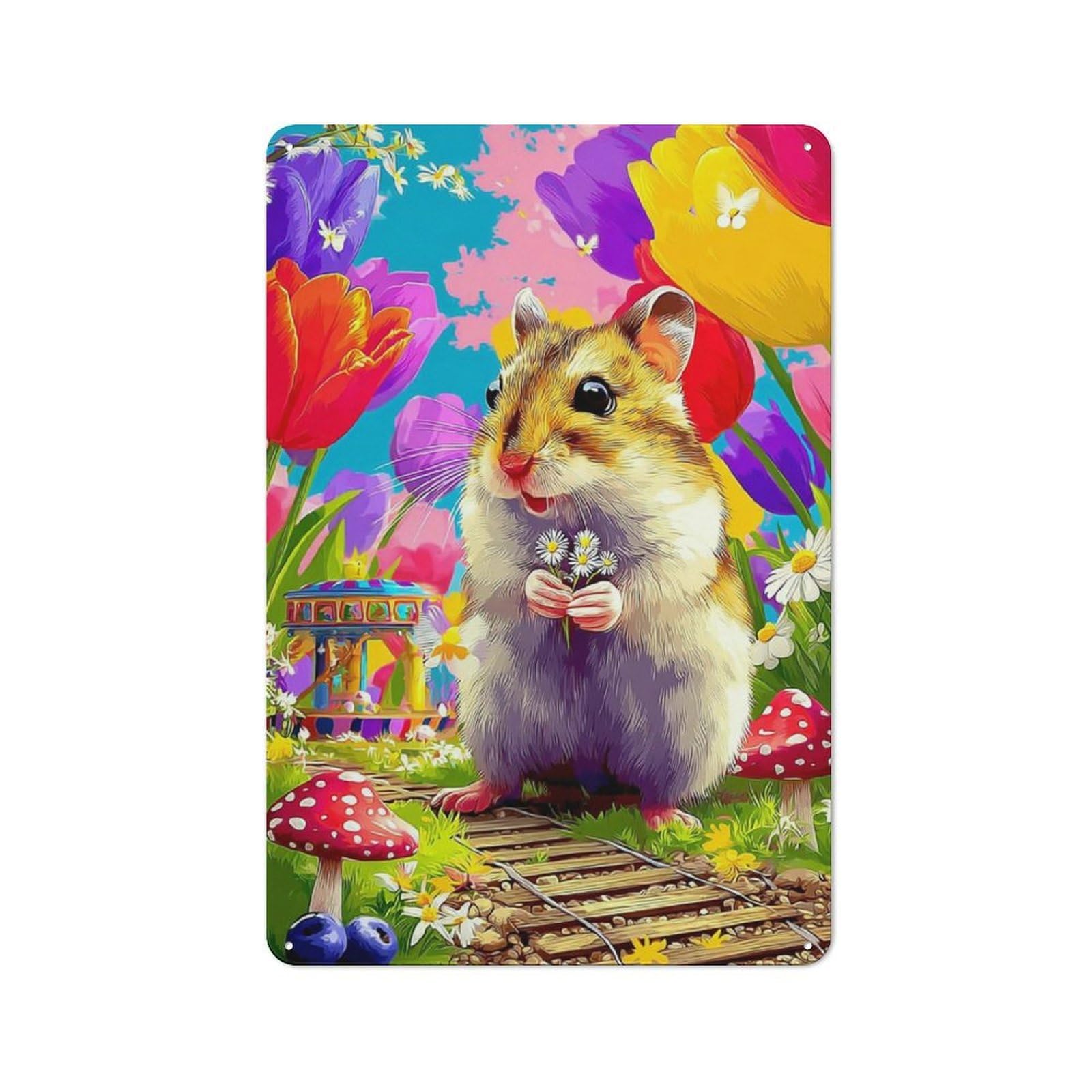 Junmoney Hamster In A Flower Garden Rustic Metal Plaque 30X20cm For Hobby Room Or Studio, For Creative Interior Collectors