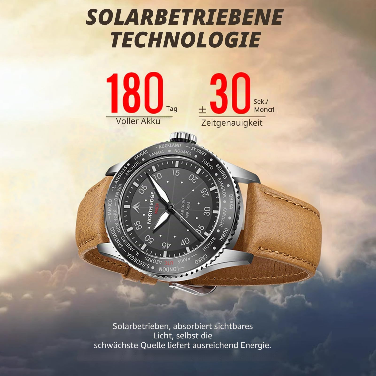 Lixada North Edge Mach Watch, Pilotenuhr, solarbetriebene Uhr für Herren, 50 m wasserdicht, Chronograph, Nachtsicht, hält bis zu 180 Tage, Solaruhr