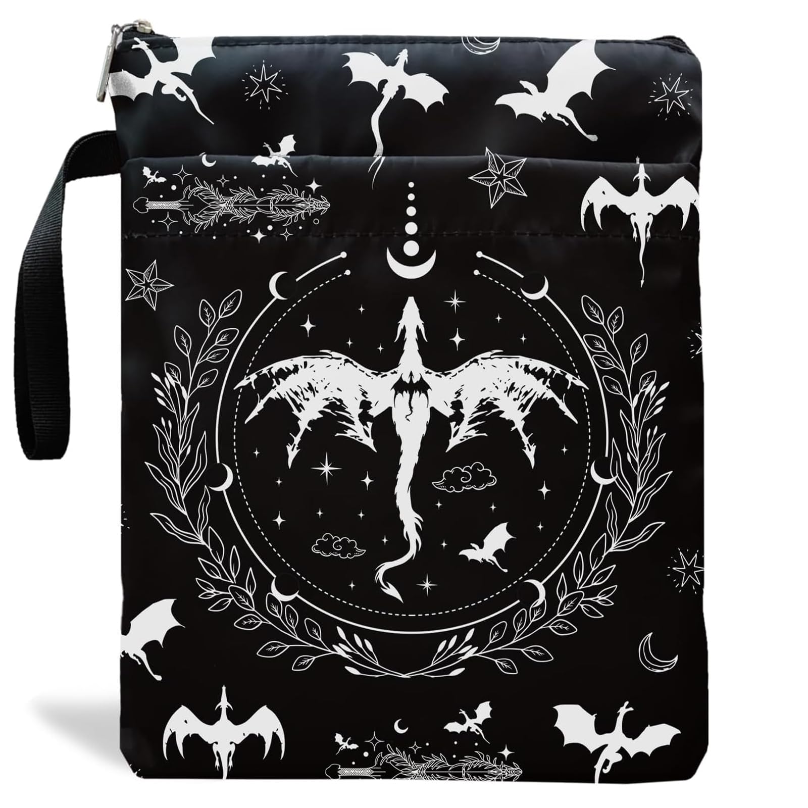 Exylosluxek Dragon Book Sleeve, Celestial Dragon Star Moon Printed Zippered Book Pouch, Portable Book Protector with Attached Wrist Strap