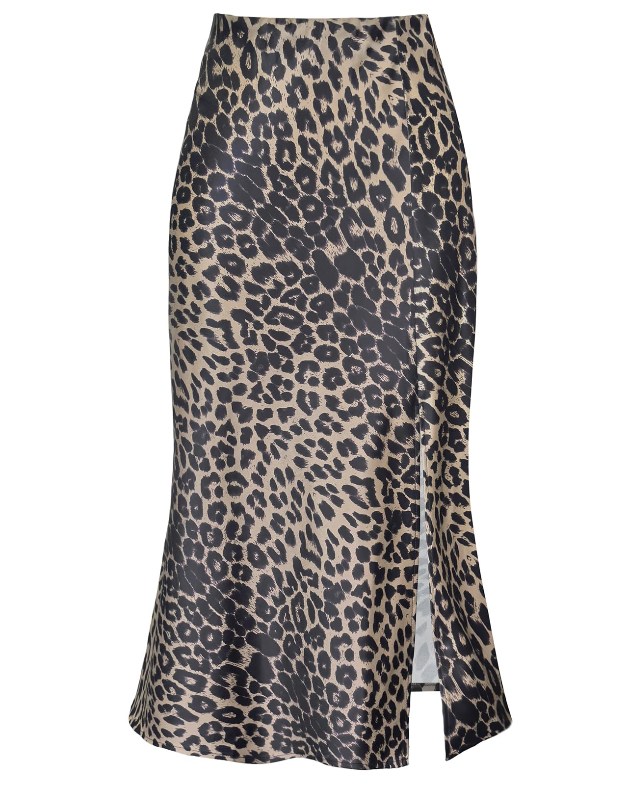 Women's Side Slit A Line Satin Midi Skirt Elastic High Waisted Cheetah Leopard Print Silk Long Skirts for Women