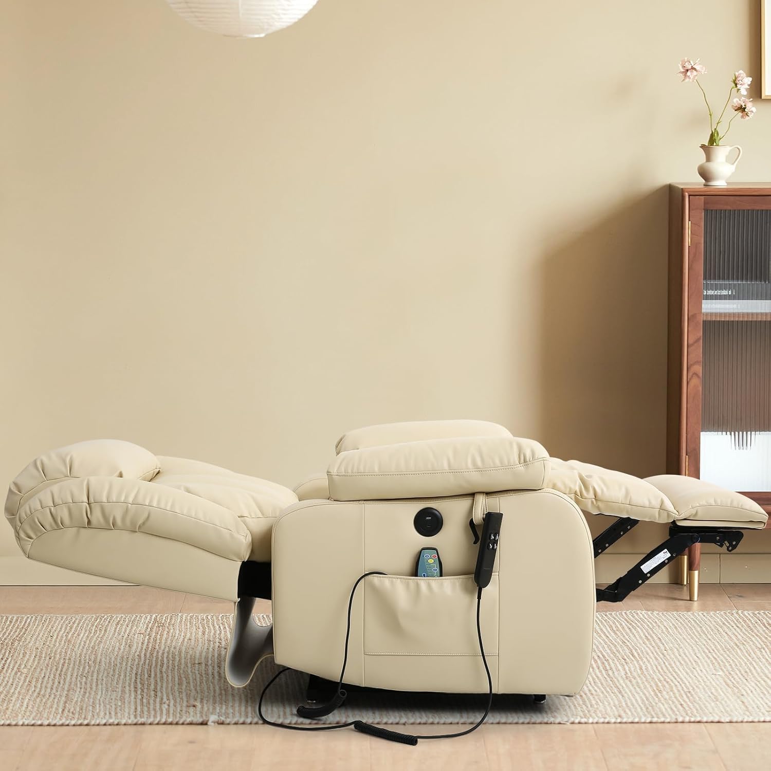 MAEVIS Power Recliner Chair, Lay Flat Sleeping Lift Chairs Recliner for Elderly with Heat and Massage,Comfy Real Breathable Leather Recliners with Dual OKIN Motor for Living Room (Beige)