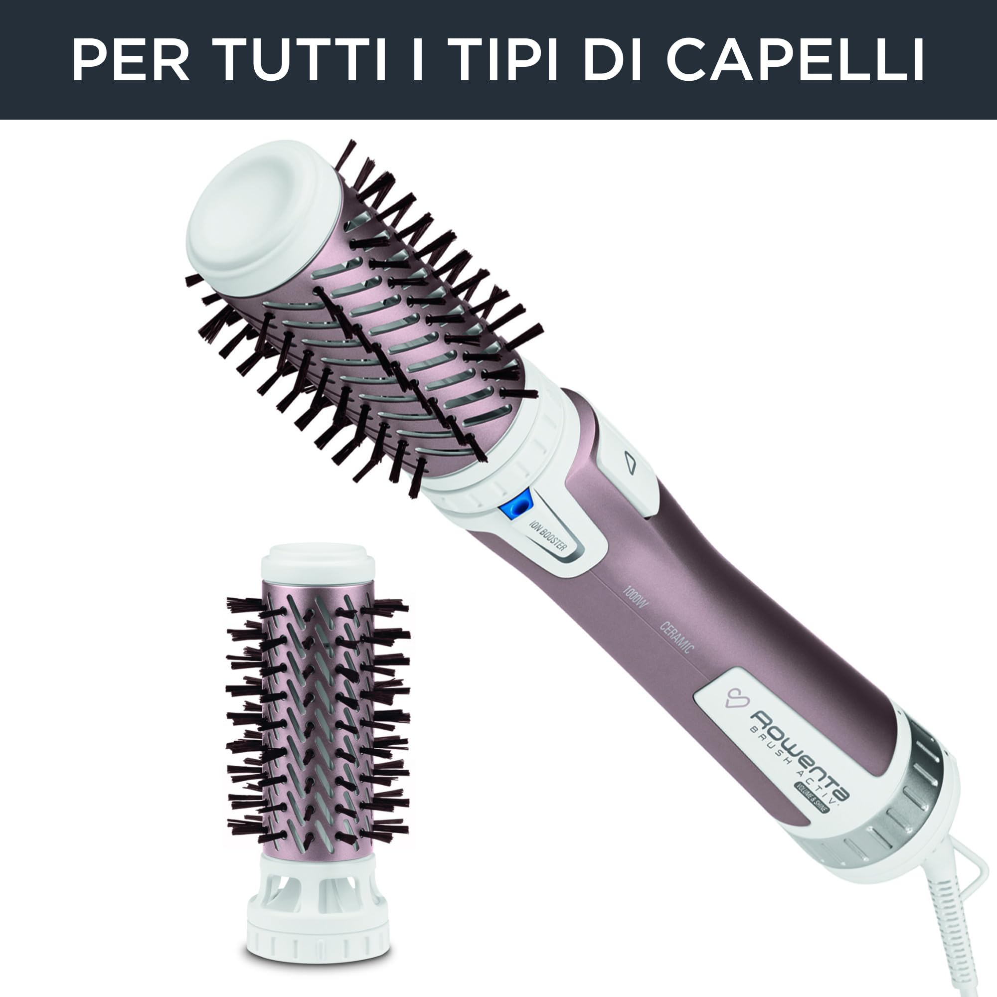 Rowenta CF9540 Brush Activ Premium Care Spazzola Rotante e Asciugante per Volume, 1000 W, per Capelli Corti e Lunghi, Styler con 2 Spazzole in Ceramica, Doppio Generatore di Ioni e Setole Naturali