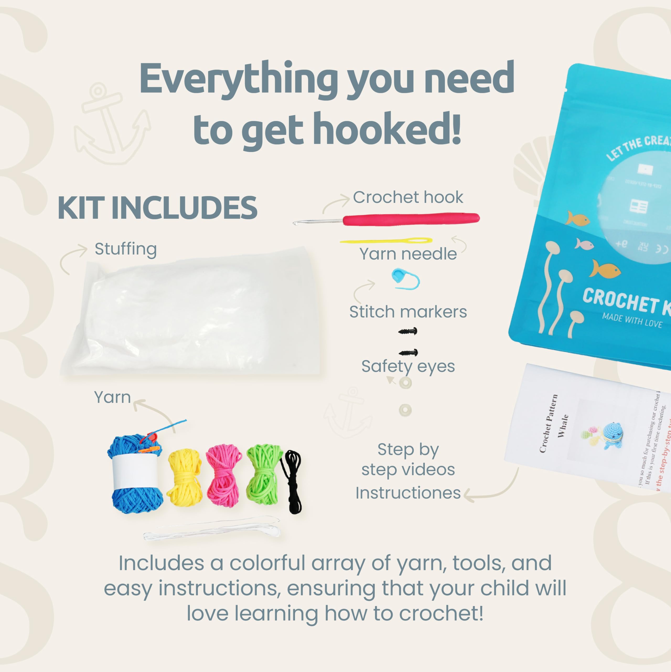 SIENA BEAUTY SHOP Crochet kit for Beginners, Crochet Whale Kit Starter with Yarn, Animal Crocheting Gift Kit for Adults and Kids with Step-by-Step Video Tutorials