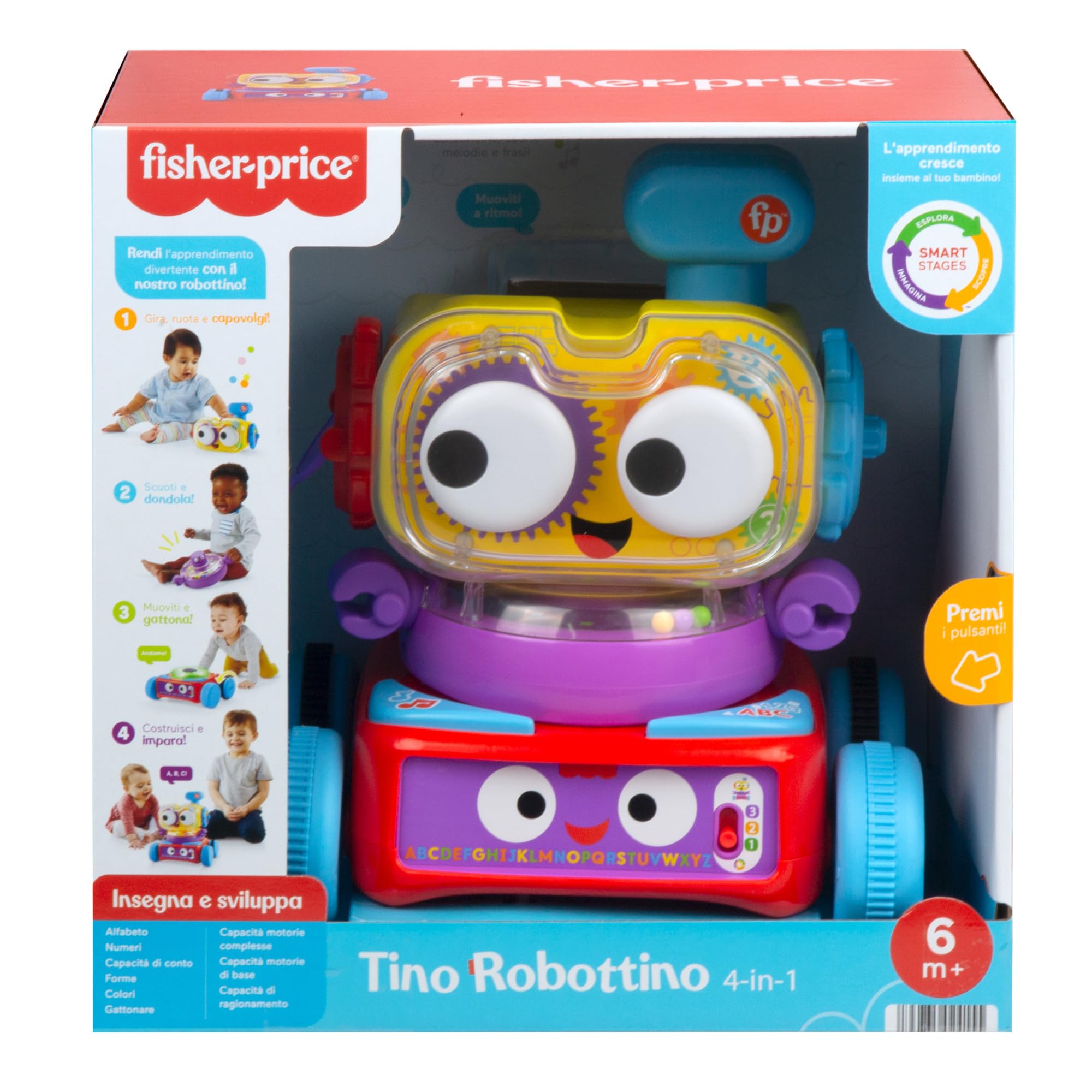 Fisher-Price - Tino Robottino 4-in-1, Bambini Giocatolo Educativo con Tecnologia Smart Stages con Oltre 120 Suoni, Edizione Italiana, Giocattolo per Bambini 6+ Mesi HDJ16