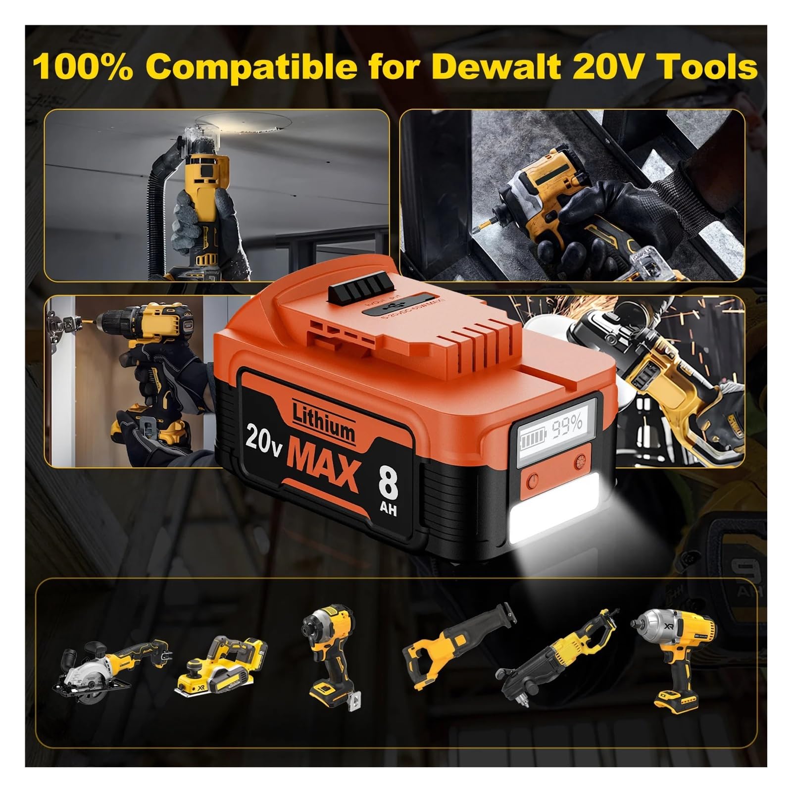 Compatibile con DeWalt la batteria ricaricabile agli ioni di litio ad alta capacità da 20 V 8,0 Ah, batteria for utensili DCB200, DCB206, DCB184 con display(4pcs)