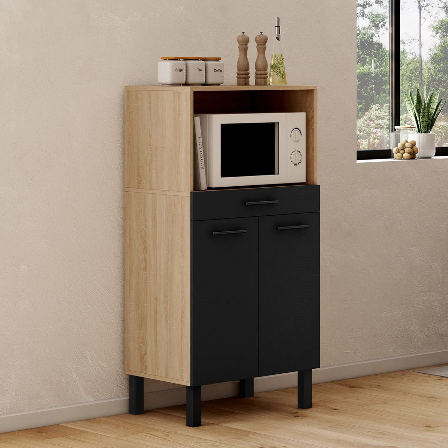 IDMarket - Buffet mi-Haut de Cuisine pour Micro-Onde 60 cm CINA 1 tiroir 2 Portes façon hêtre et Noir