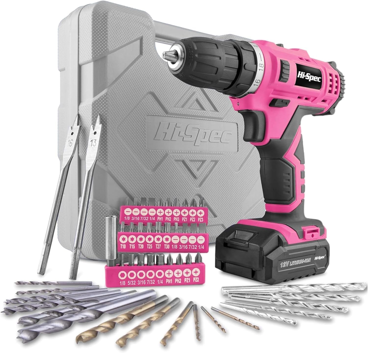 Hi-Spec Taladro Atornillador Destornillador Inalámbrico, 12V Batería de 1300mAh hasta 20Nm, Velocidad Variable y Luz Led. con Maletín Estuche de 46 Puntas Brocas y Accesorios de Bricolaje.