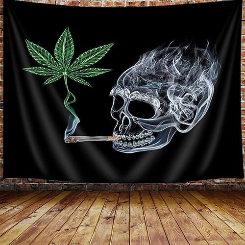 Tapiz psicodélico de hierbas, tapiz hippie bohemio de hojas de cannabis para colgar en la pared, calavera ahumada con marihuana verde, tapiz para