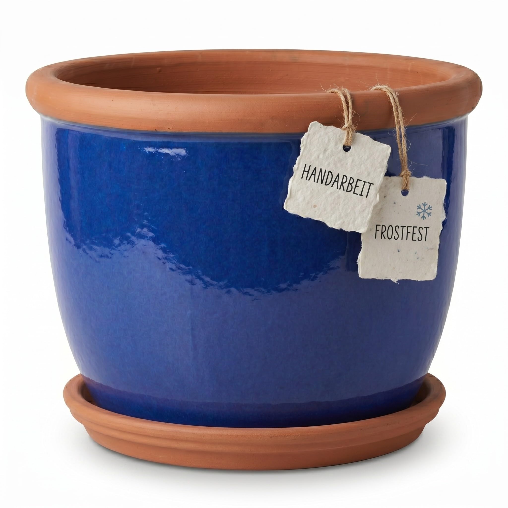 Teramico Keramik Pflanzgefäß Set mit Teller frostfest (Royal Blau, 36cm x 28cm)