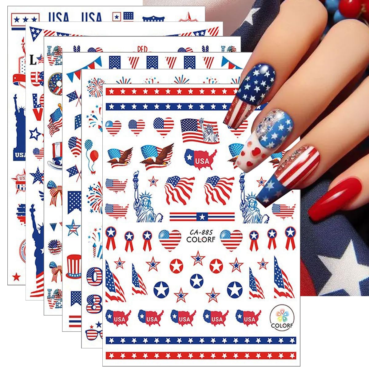 6Pcs Independence Day Nail Stickers for Nail Art - Celebrate 4th of July Nail Decals 3D Self-Adhesive USA Flags Heart Star Bow Eagle Design Firework