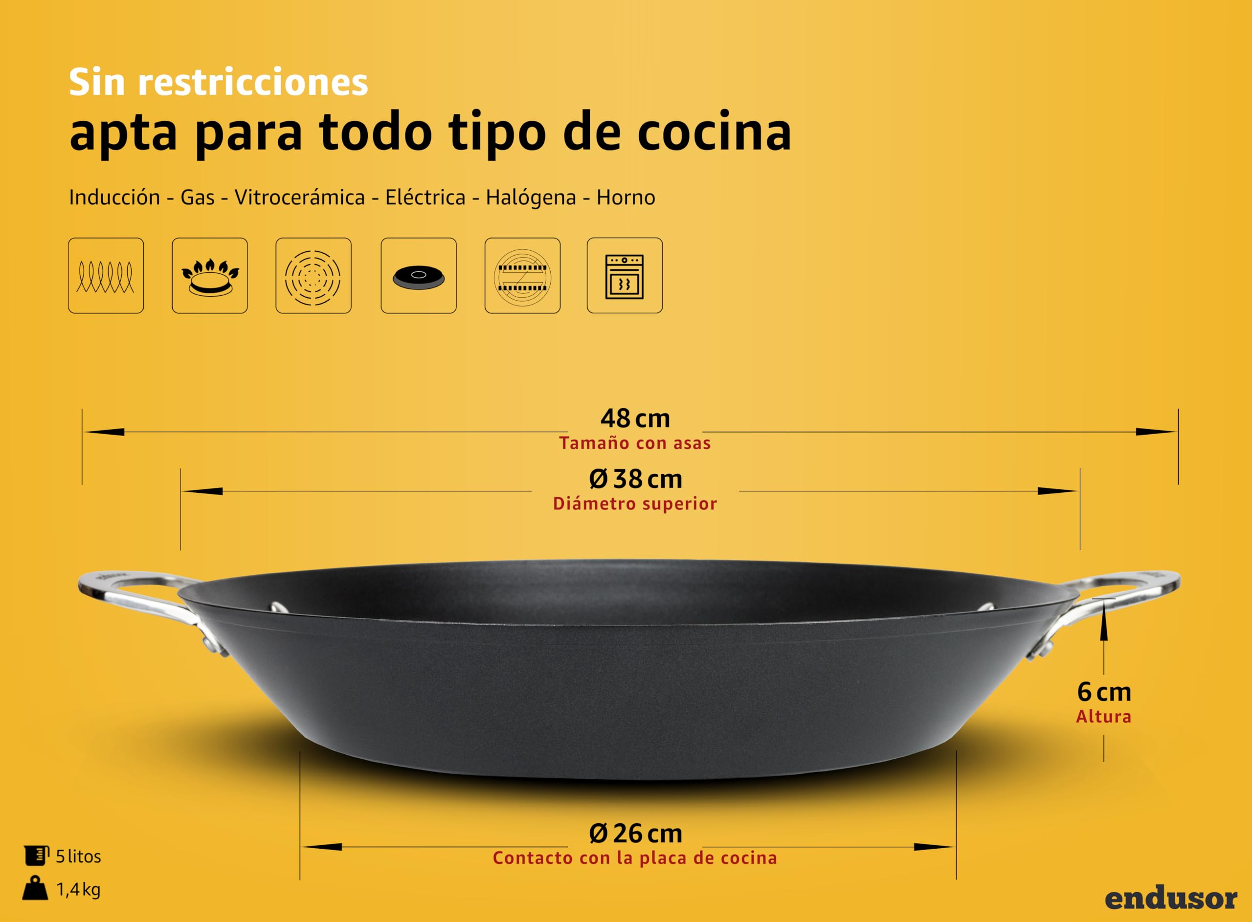 endusor Paellera induccion | 38 cm Ø Paellera de aluminio + protección antiadherente | Todo tipo de cocinas - inducción vitrocerámicas gas eléctrica | Deliciosa paella casera para 6 a 8 personas