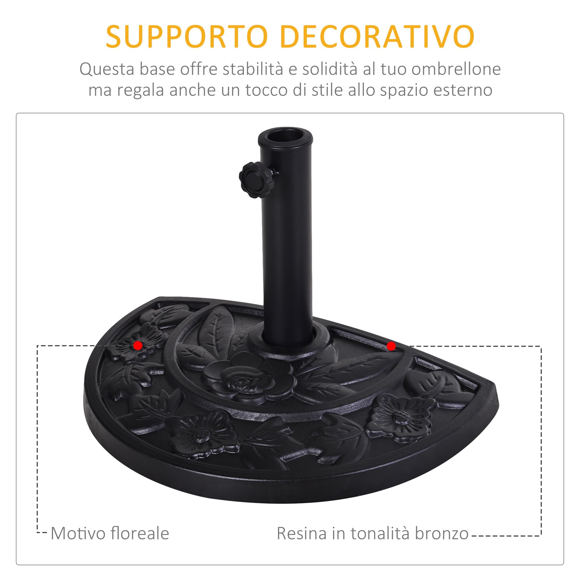 Outsunny Base per Ombrellone a Mezzaluna da Ø38 mm e Ø48 mm con Manovella, Basamento per Ombrellone in Resina, Base Ombrellone a Parete 50x31x32 cm, Nero