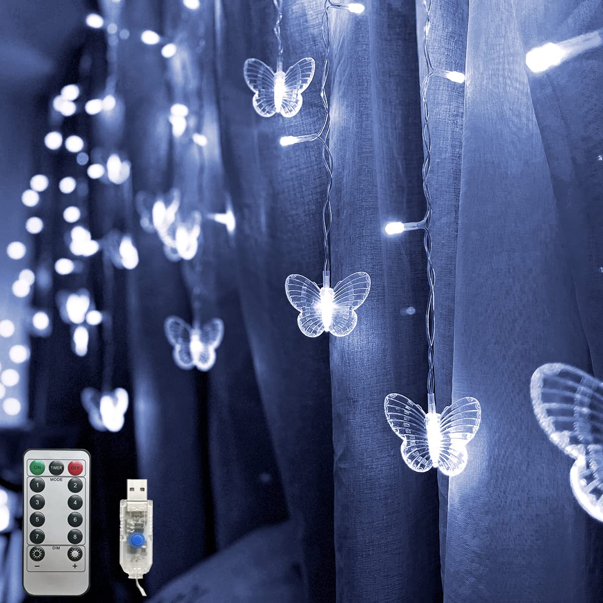 Butterfly Curtain Fairy Lights USB Plug in,8 Modes 120 LED 20FT Firefly Twinkle Timer String Lights with Remote, Waterproof Copper Wire for Bedroom Patio Christmas Wedding Party (Cool White)