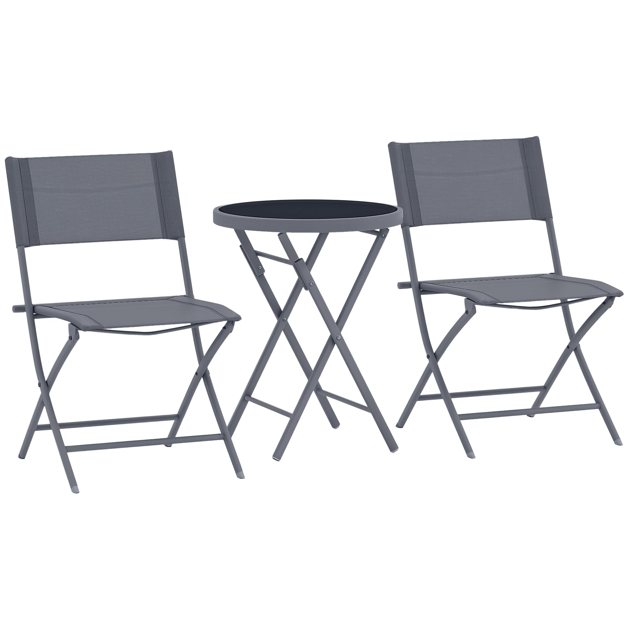 Outsunny Ensemble de bistrot 3 pièces Pliable en métal, 2 chaises et 1 Table Ronde, Salon de Jardin extérieur 2 Personnes, Table de Jardin extérieur avec chaises pour Jardin, terrasse, Balcon, Gris