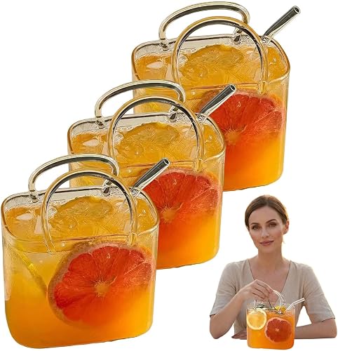 Glass Purse Drinking Cup with Reusable Straw (770ml/26oz), Unique Handbag Shaped Glass Cup for Juice Tea Cocktails, Decorative Flower Vase for Home Room Party Table Decor(3PCS)