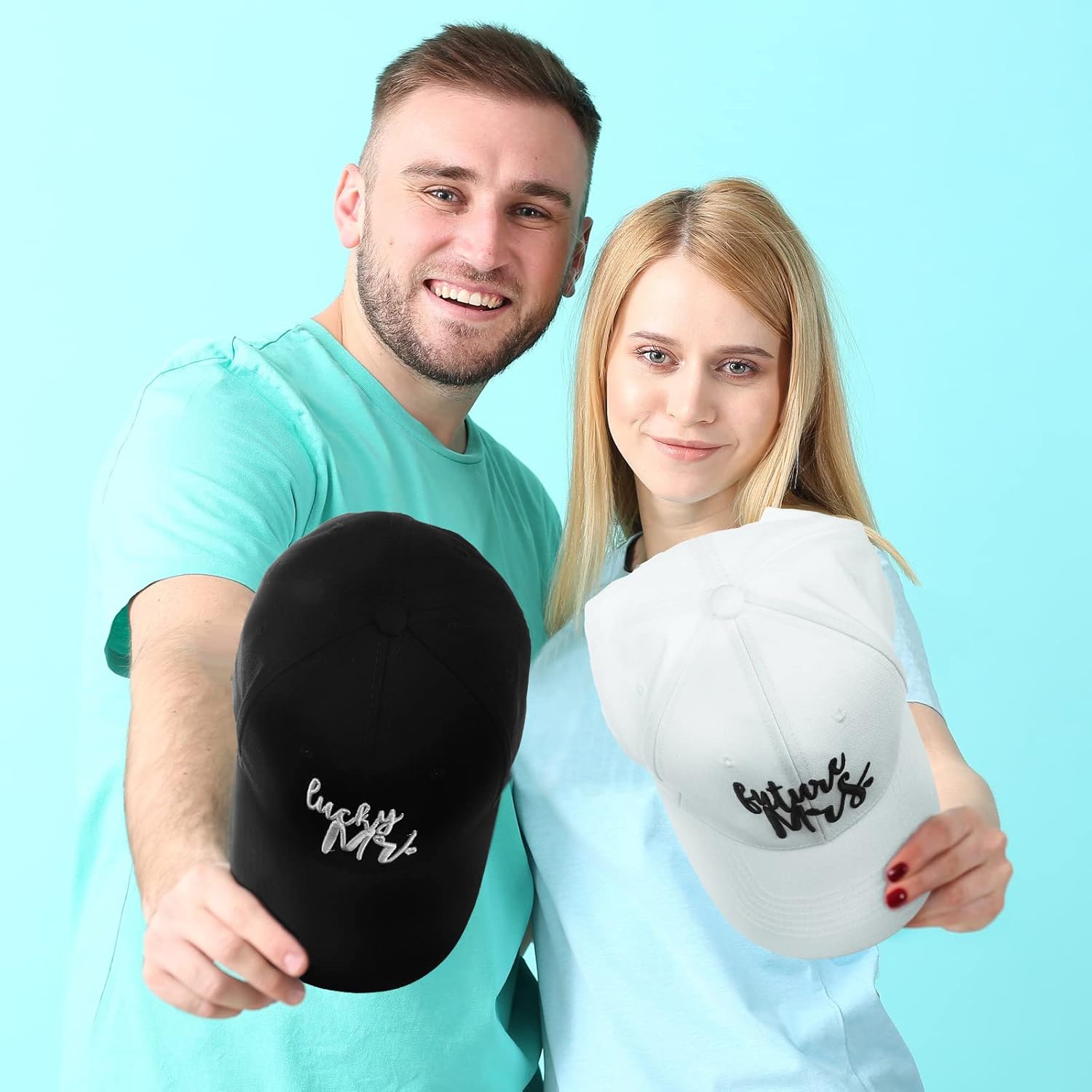 Retisee 2 Pieces Mr and Mrs Hats Future Bride Caps Matching Baseball Caps Groom Gifts Honeymoon Cotton Wedding Party Gifts for Couples, Black, White - Image 2