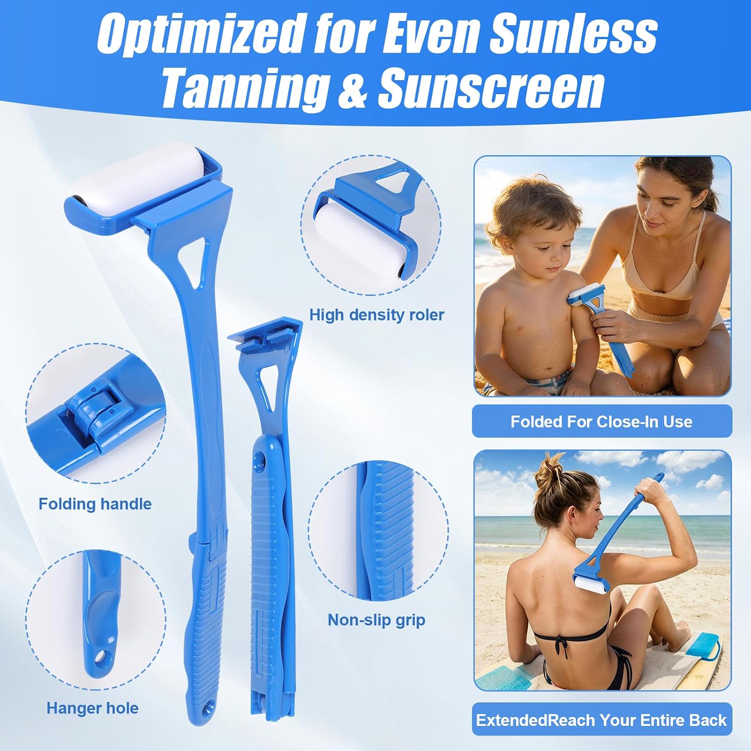 Sunscreen Applicator Set for Woman 18.3” Foldable Application Roller with 2 Reusable Rollers Self Tanner Back Applicator Strip Apply Lotion Cream Ointment Sunless Tanner Beach Essentials (Blue)