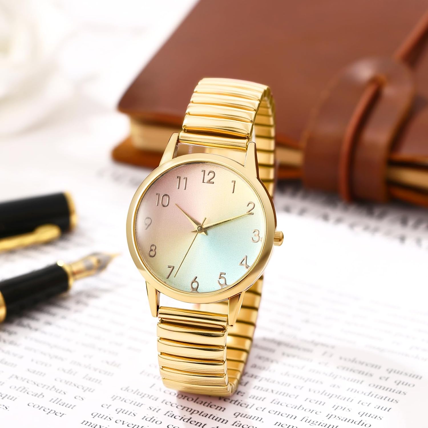 Avaner Women's Stretch Band Watches: Ladies Elastic Strap Gold-Tone Easy Reader Colorful Dial Analog Quartz Bangle Wrist Watch