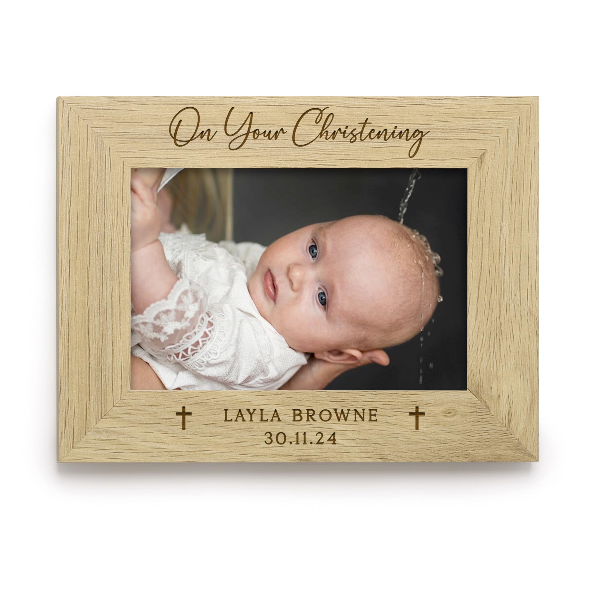 Ebuygb Brown Personalised On Your Christening Photo Frame, Wooden Baptism Picture Frame, Baby Name & Date, Christening Gift For Godson Goddaughter, 4X6