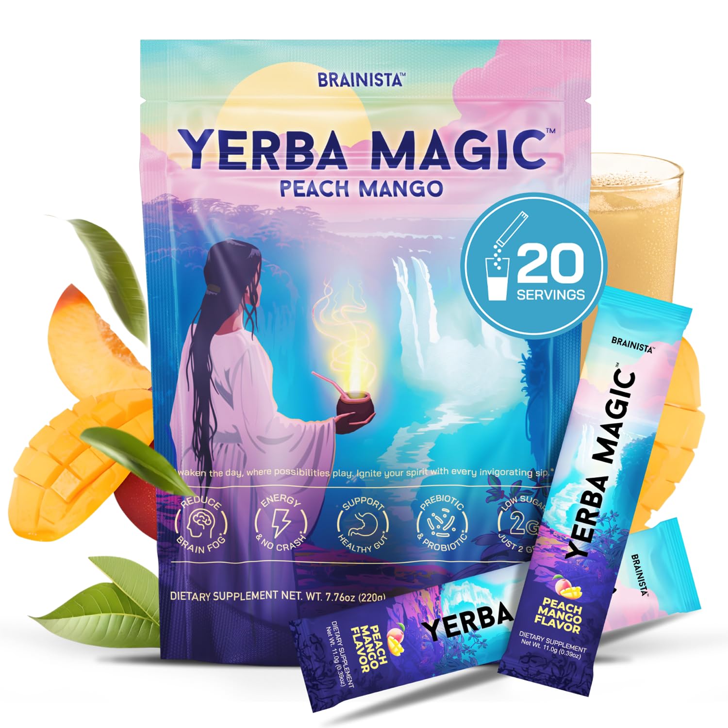 Brainista Yerba Magic Sticks Peach Mango - Yerba Mate Powder Single Serve Sticks - Instant Tea Powder On The Go - Nootropics, Prebiotics, Probiotics for Energy, Focus & Gut Health - Low Sugar, Natural Caffeine - 20 Servings