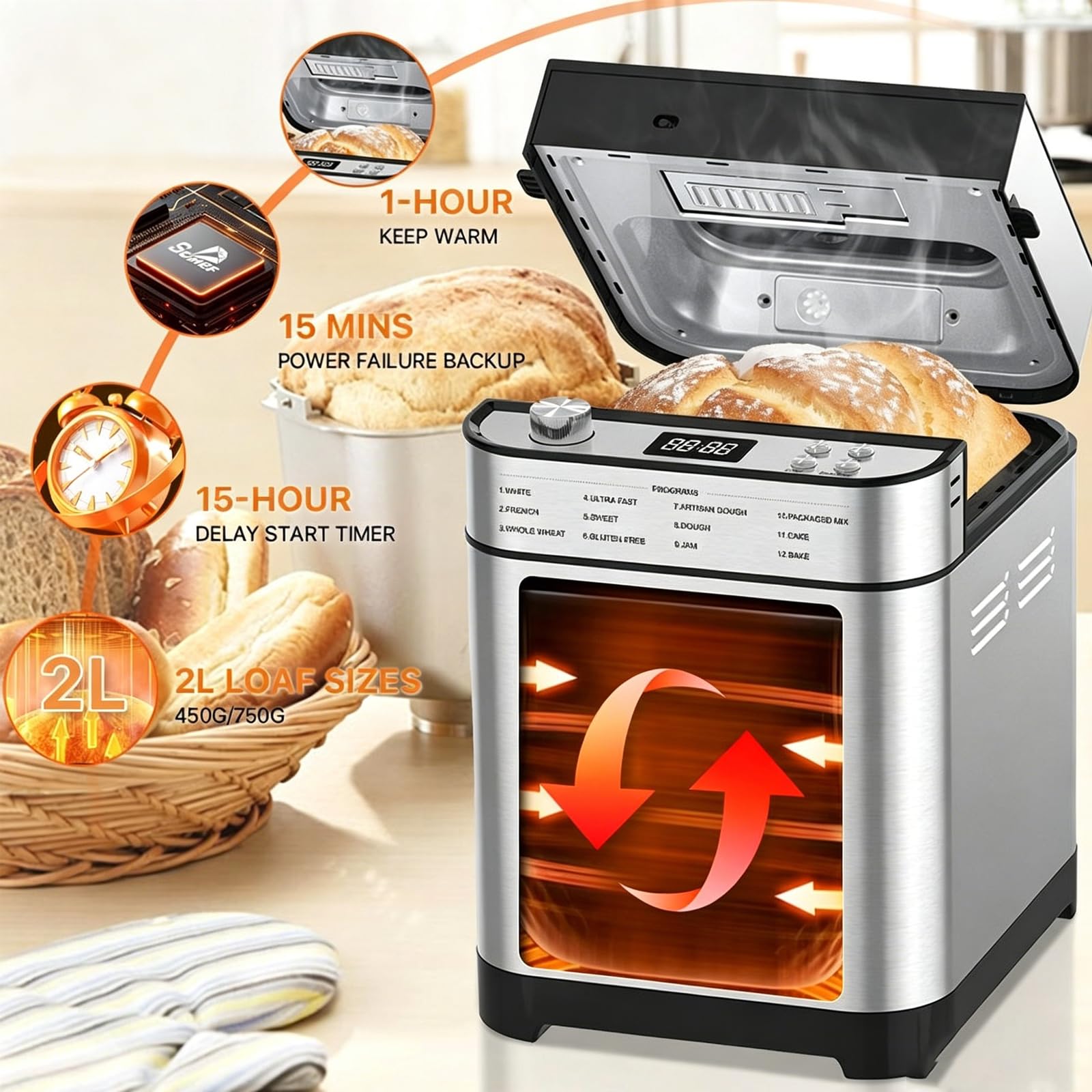 Macchina Per Il Pane Da 2 Libbre, Automatica, In Acciaio Inox, 3 Formati Di Pagnotta, 3 Colori Di Crosta, Avvio Ritardato Fino A 15 Ore, Teglia Antiaderente Rimovibile E Pala Impastatrice, White