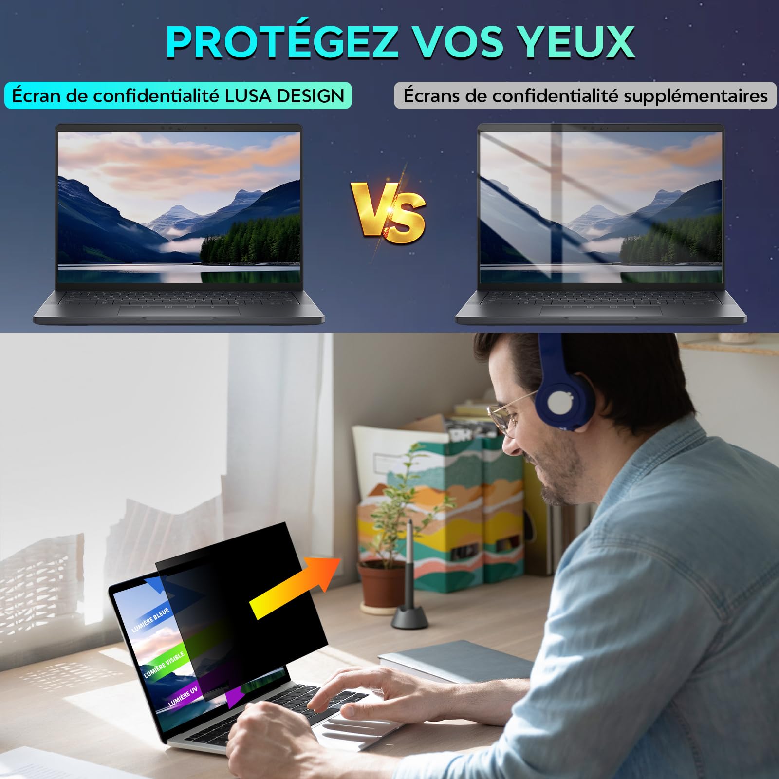 Filtre de Confidentialité pour 14 pouces ordinateurs portables Aspect 16:10, Anti-espionnage, Anti-lumière bleue et Anti-reflets, Amovible, compatible avec Lenovo, HP, Dell, Acer, Samsung, Asus