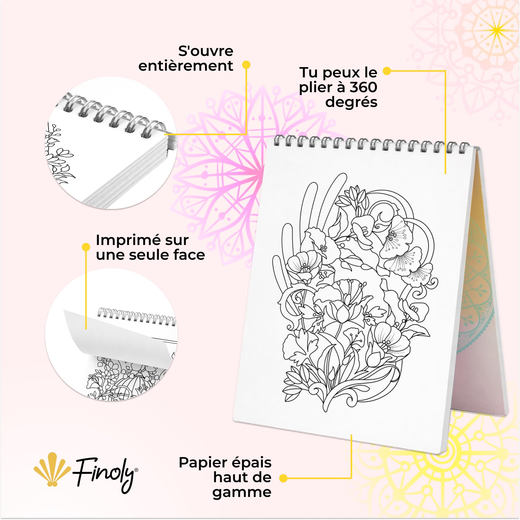 Finoly Livre Coloriage Adulte Fleurs A4 Réduit le Stress | Mandalas a Colorier Adulte Débutants et Confirmés | Coloriage Mandala Adulte Mindfulness Anti Stress Encre qui ne Transperce Pas (Jour)