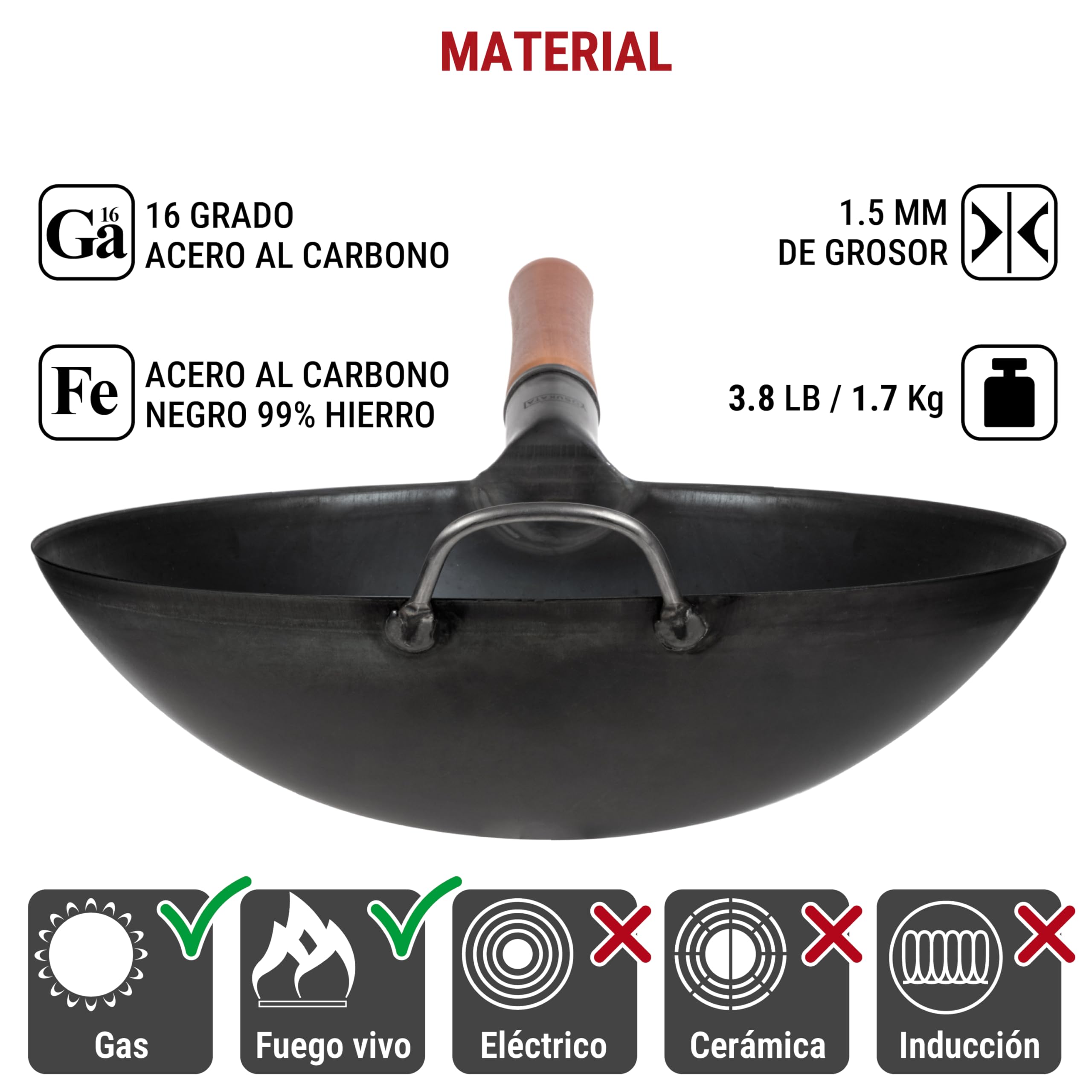 YOSUKATA Wok de acero al carbono de 14 pulgadas con fondo redondo – Wok Pow pre-sazonado para freír – Sartén tradicional china japonesa de acero negro – Utensilios de cocina al aire libre para estufas