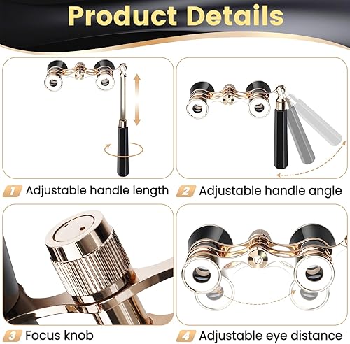 Miniatura 3 de Lentes de ópera, prismáticos de teatro de 3 x 25 pulgadas con mango plegable y extensible, gafas de teatro portátiles, binoculares pequeños vintage