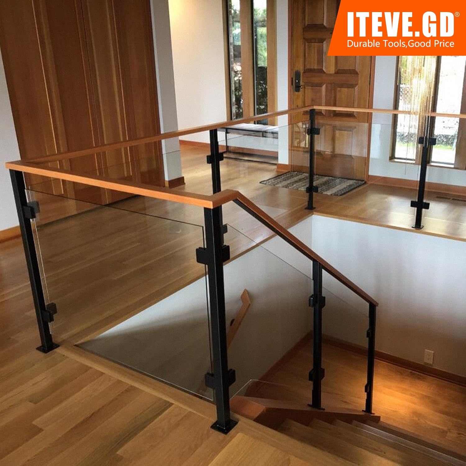 Round Glass Stair Railing Post System 33.46" Stainless Steel 304 Stair Handrail Balusters with Glass Clamp & Rubbers,Black Metal Balustrade Suitable for Stairs,Terraces,Gardens(Corner Post)