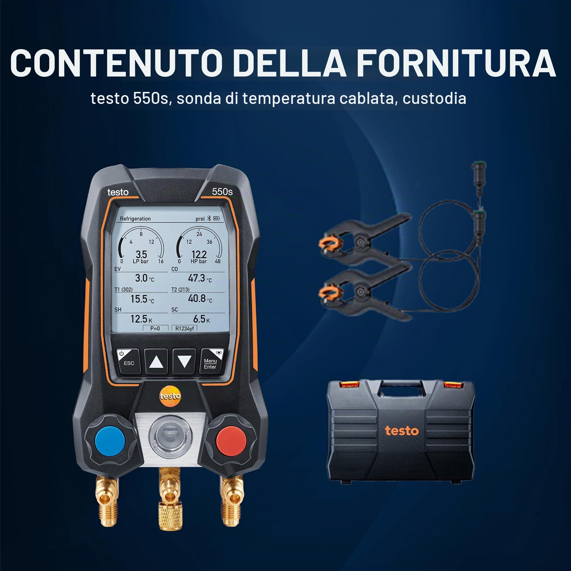 Testo Set Manometri Collettore AC 550s - Manometri collettore HVAC e refrigerazione - Incl. 2 sonde a morsetto di temperatura cablate - Kit ricarica CA con surriscaldamento, sottoraffreddamento con