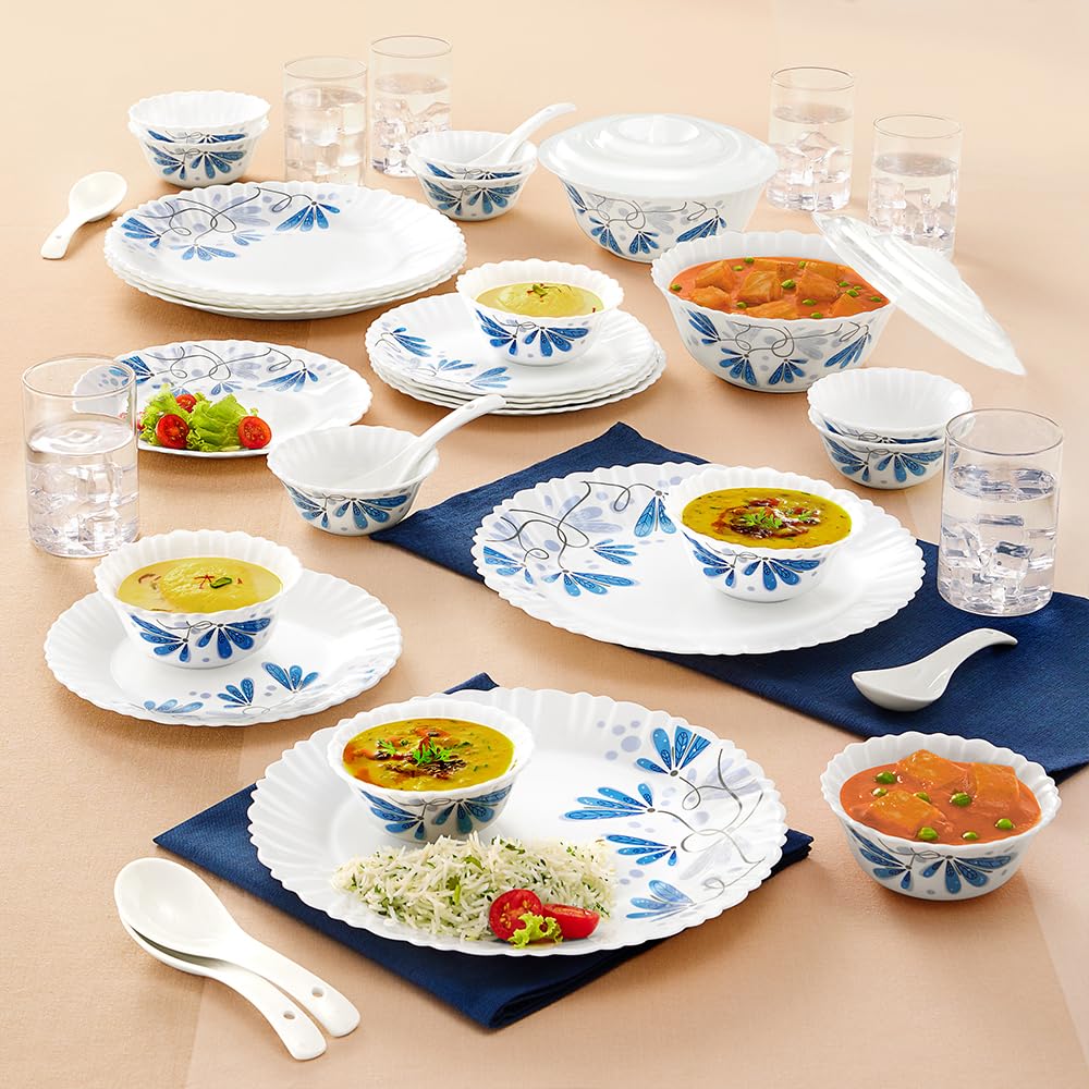 Larah By Borosil Twilight Silk Series Opalware Dinner Set with Glasses,40 Pieces for Family of 6,Microwave & Dishwasher Safe,Bone-Ash Free,Crockery Set for Dining & Gifting,Plates & Bowls,White,Floral (B0C53RGK1F) Amazon Price History, Amazon Price Tracker