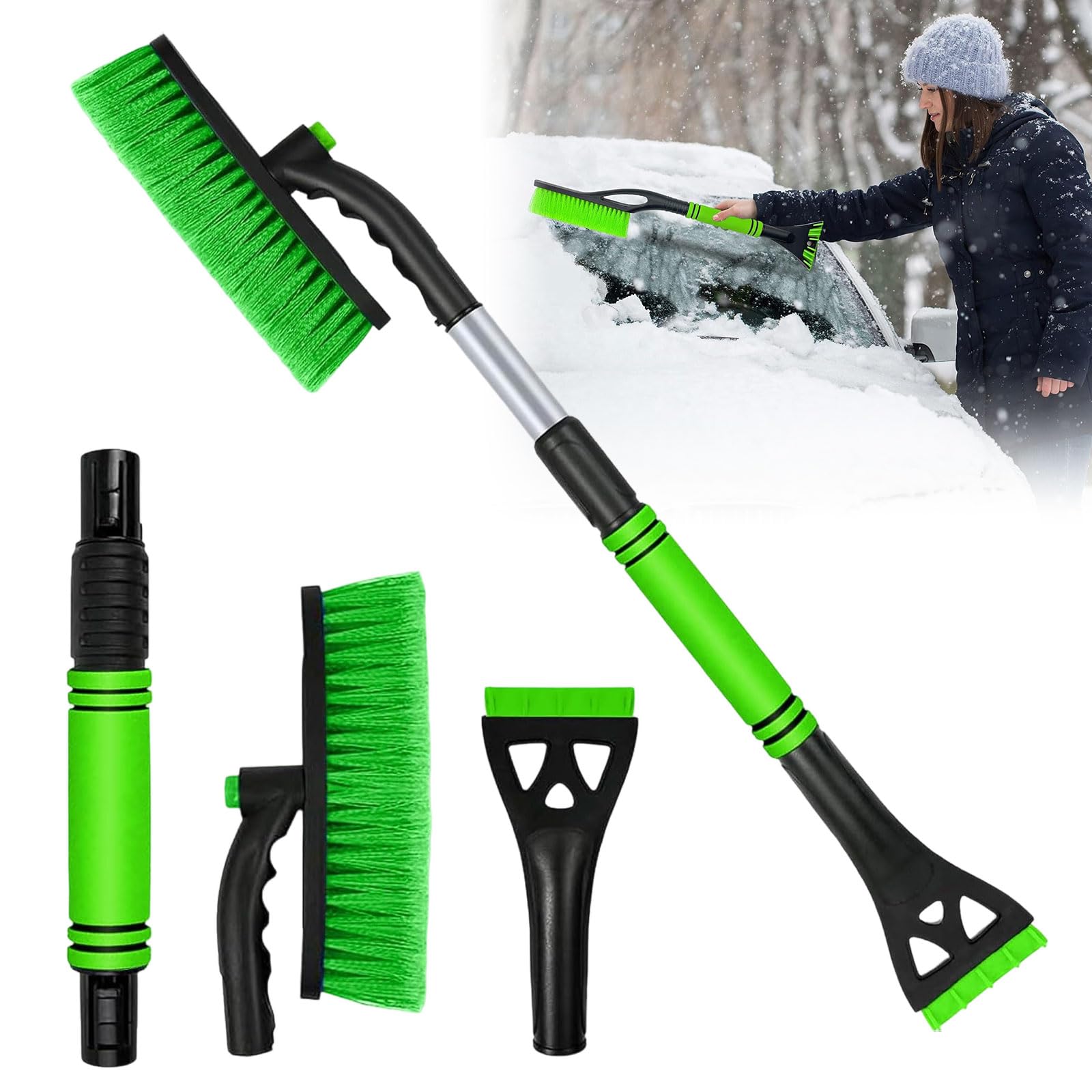 Raschietto Ghiaccio Auto 3 in 1, Spazzola Neve Telescopica Girevole 360°, Spatola Ghiaccio per Vetri Auto, Raschiaghiaccio Ergonomico Verde