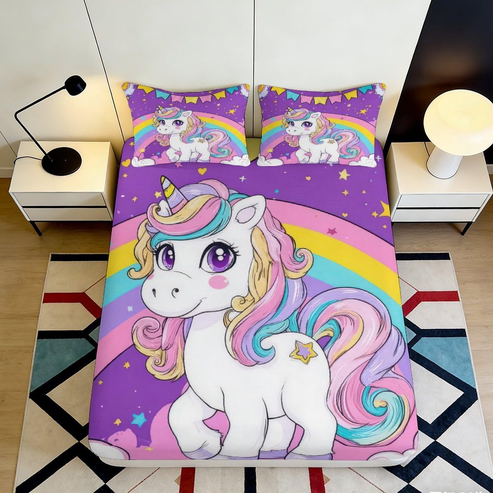 Dhbaneiok Style-8 3D Printed Cute Unicorn Fitted Sheet Microfiber Soft Purple Rainbow Bed Cover For Bedroom Dorm Mattress Decor 90X200x25cm