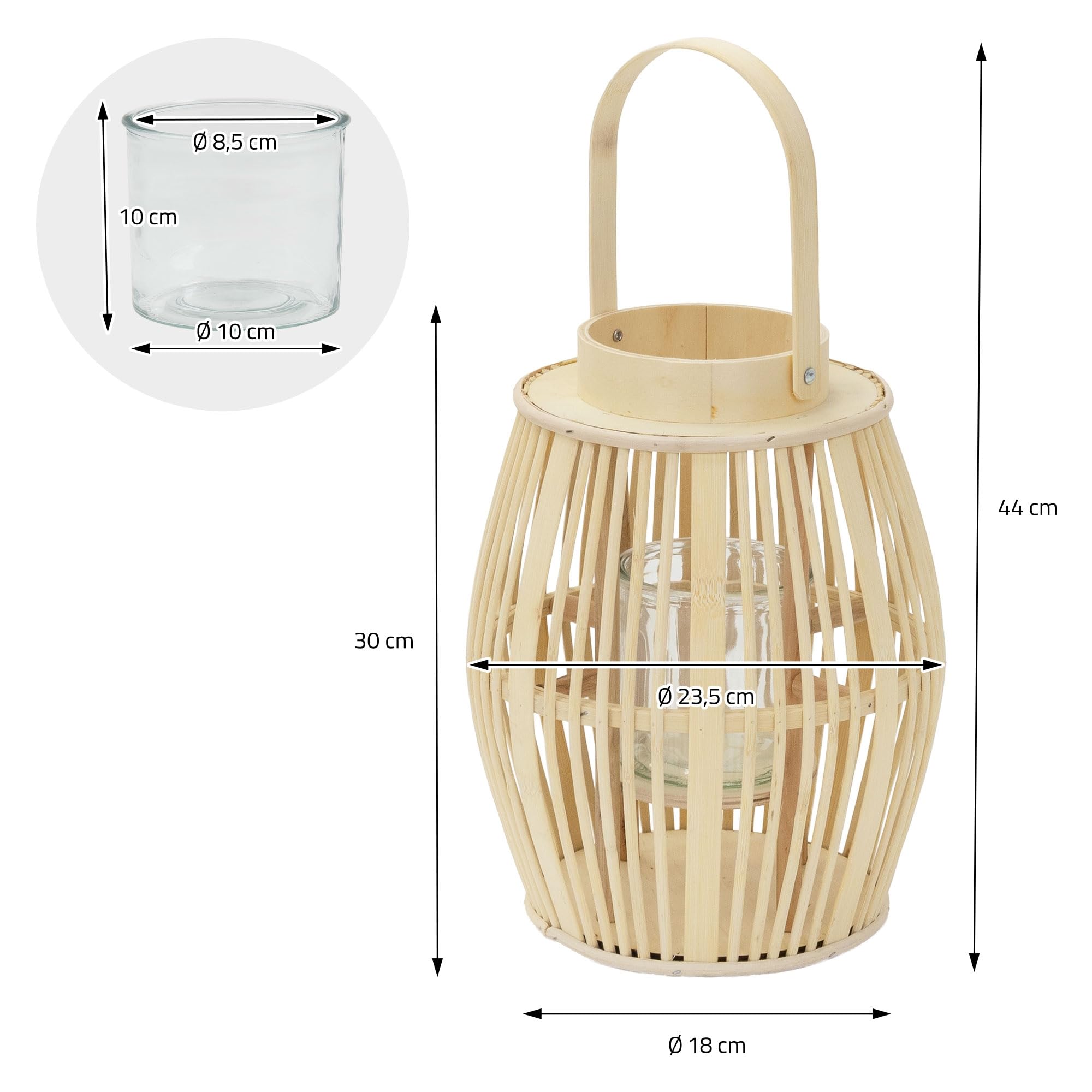 ECD Germany Linterna de Bambú de Madera, 44cm de Altura, Portavelas de Jardín con Asa y Inserto de Cristal, Farolillo de Estilo Boho, Lámpara Colgante Interior/Exterior Decorativo para Terraza, Balcón