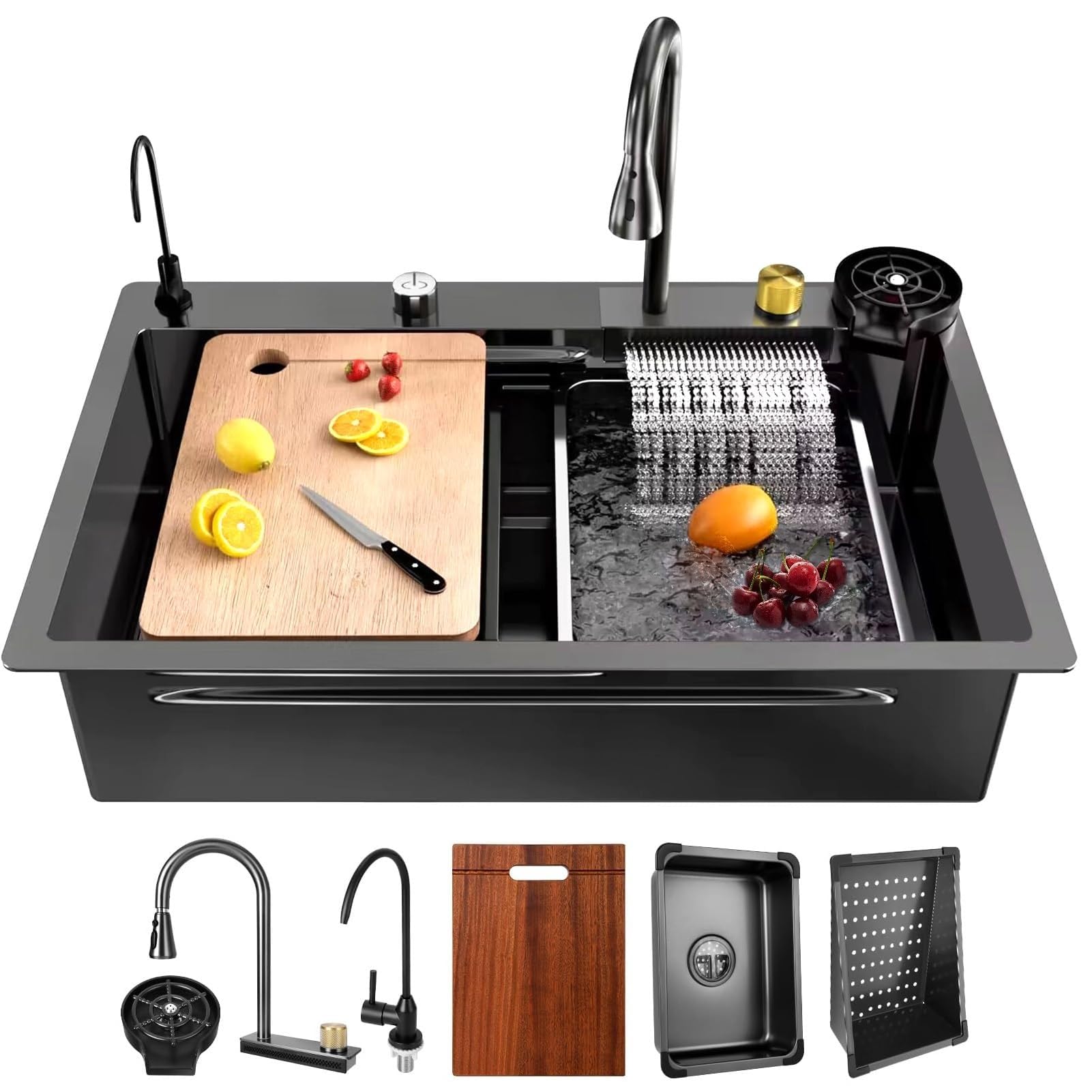 ZQFHSX Nano Kitchen Sink Stainless Steel Waterfall Single Bowl Workstation with Multifunction Flying Rain Pull-out Faucet (Color : Black, Size 68x45cm)