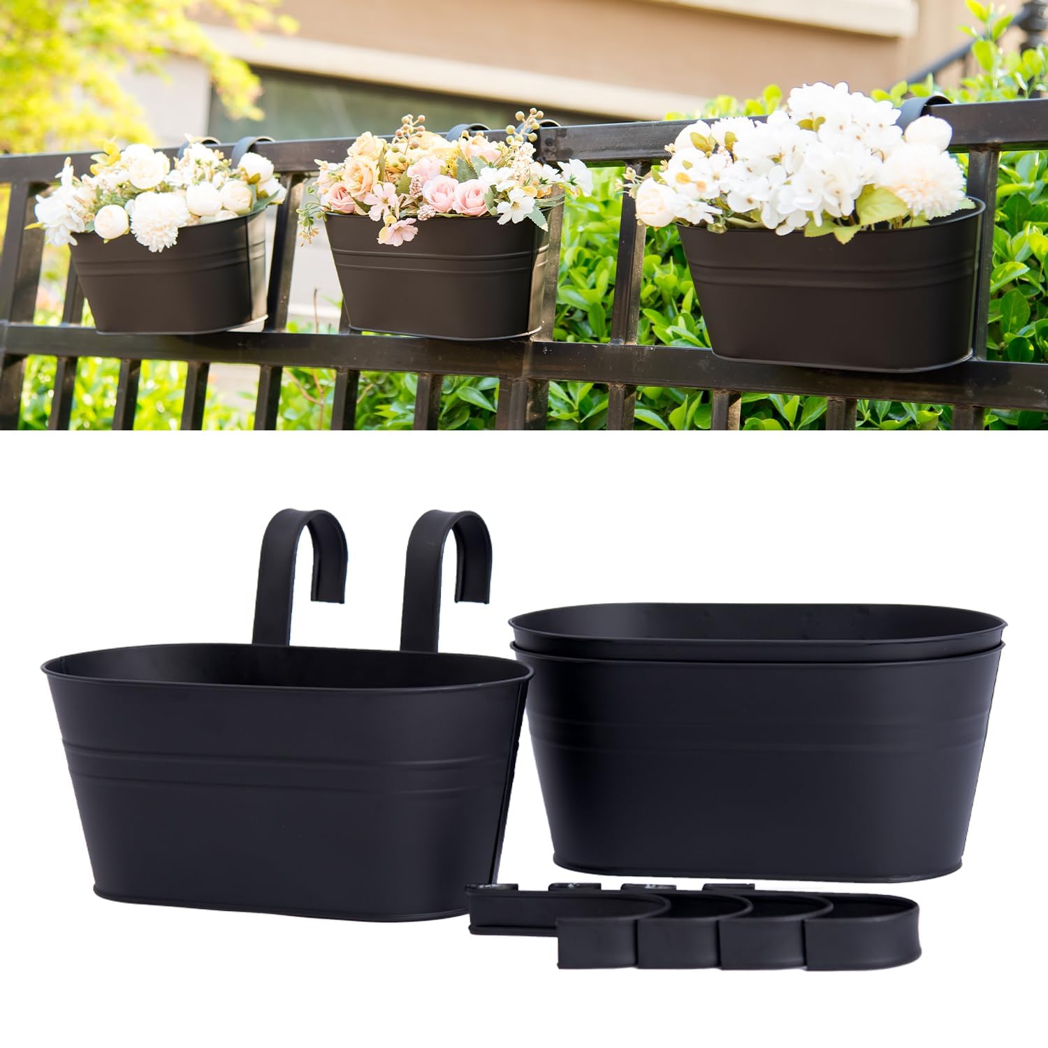 3 Pack Metal Hanging Flower Pots for Railing Fence Outdoor Balcony Rail Planter with Detachable Hooks Drainage Holes for Deck Garden Home Decor (Black*3)
