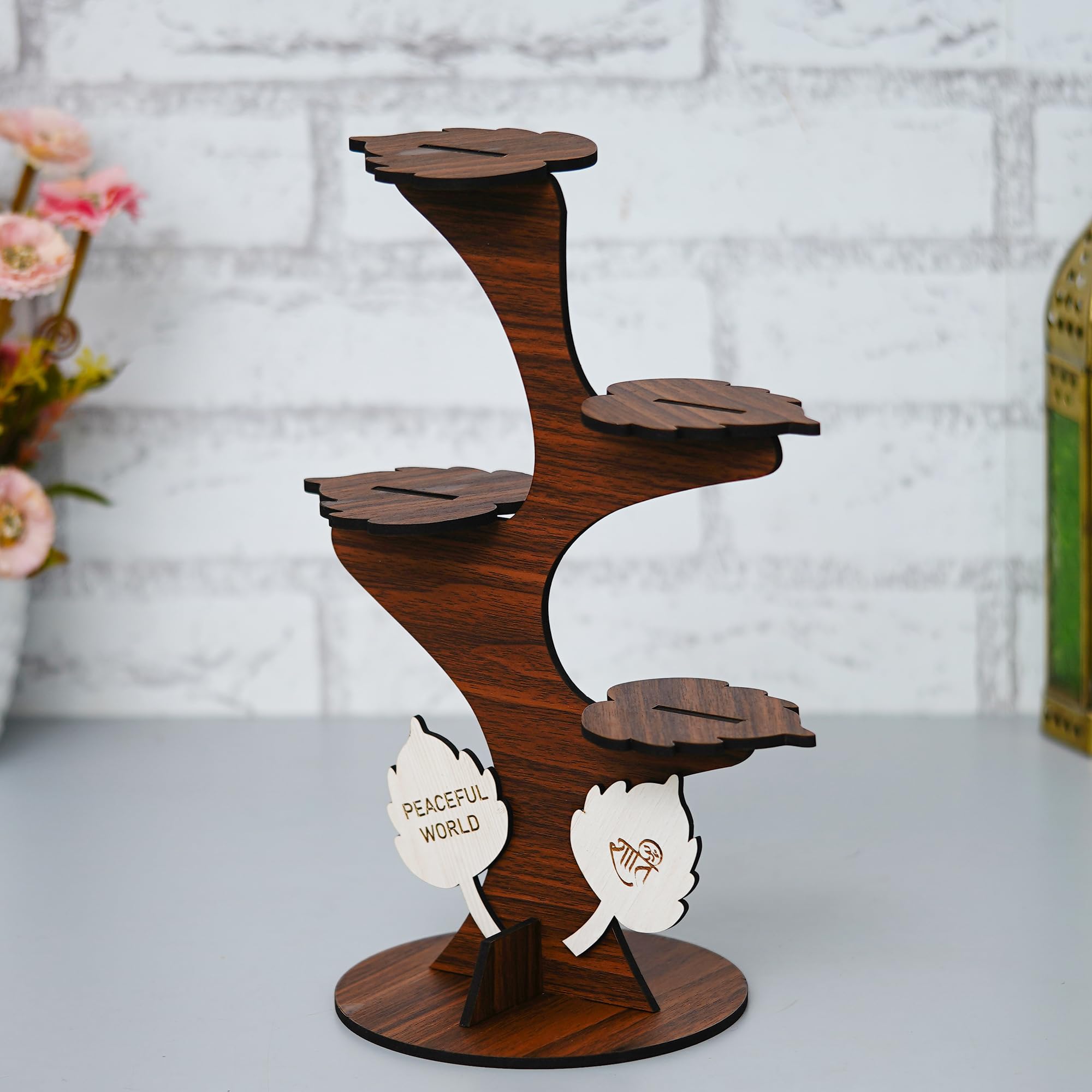 Webelkart Premium Set of 4 Decorative Adorable Buddha Monk Figurines with Wooden Stand for Peaceful Home Decor & Office Decor, Special Gifting, Handcrafted Baby Monk with Tree (Brown) 2
