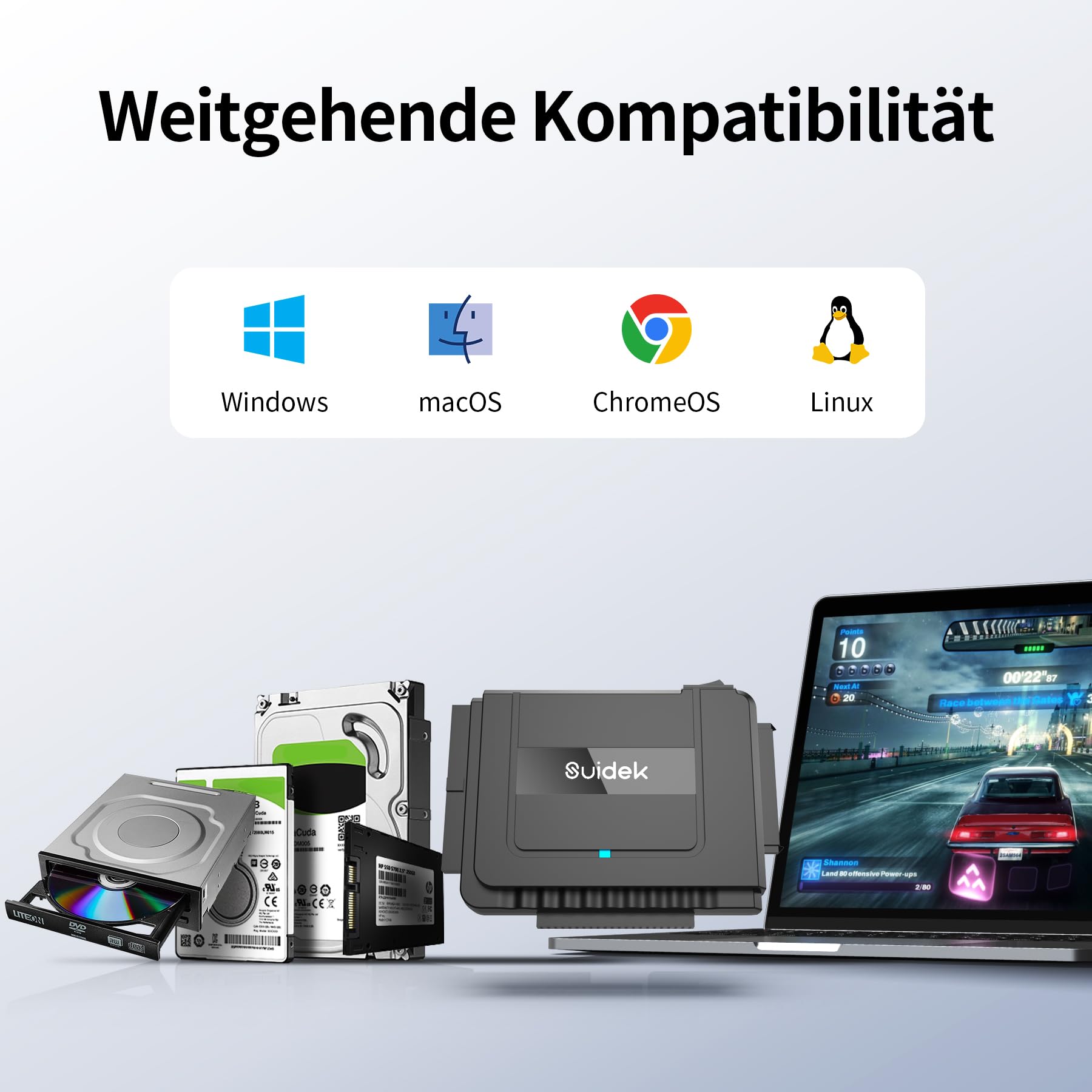 SUIDEK USB 3.0 zu SATA IDE Adapter, Externer IDE Festplatten Auslesen Adapter für universelle 2.5/35 Zoll HDD/SSD Festplatten, SATA zu USB Konverter mit 12V/2A Netzteil