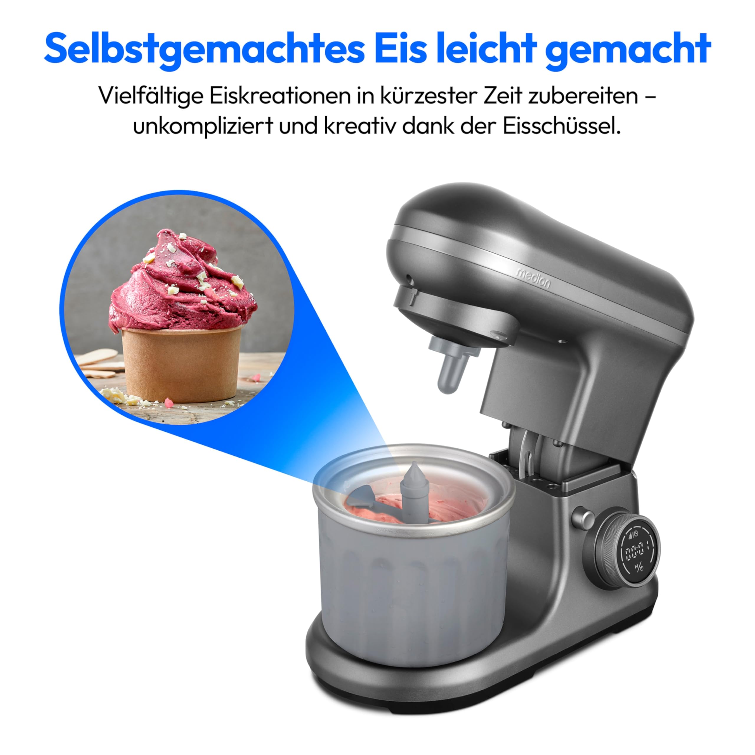 MEDION Küchenmaschine (5 Liter Edelstahlschüssel, 1.200 Watt, Eisschüssel für Zubereitung von Eis, Mischen Kneten Rühren, Digitales Display, Knetmaschine, Teigmaschine, MD18420) Titan